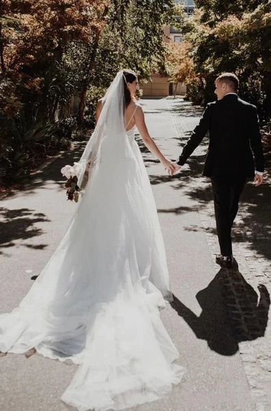 White Mermaid Tulle Spaghetti Straps Sweep Train Wedding Dresses