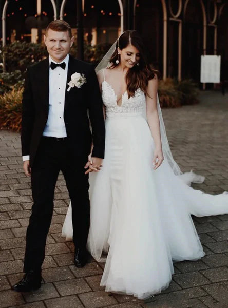 White Mermaid Tulle Spaghetti Straps Sweep Train Wedding Dresses