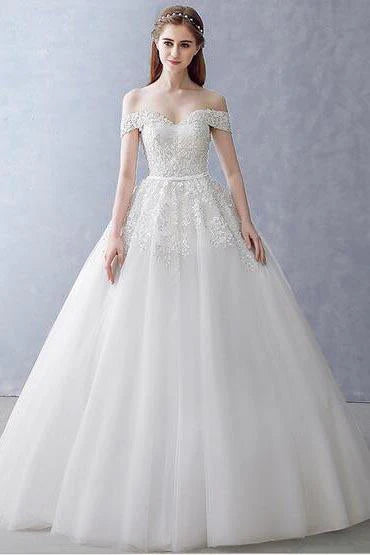 White Off-the-Shoulder Ball Gown Beads Sweetheart Floor-Length Wedding Dress