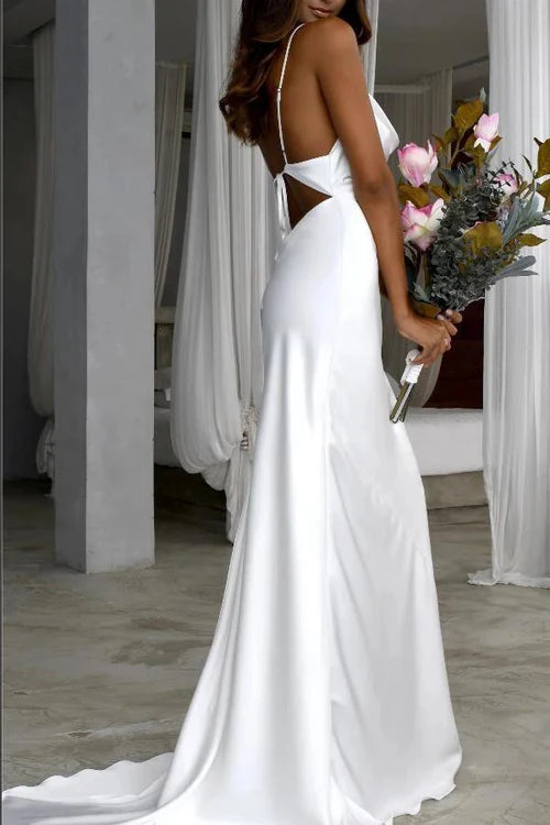 White Sweep Train Spaghetti Straps Wedding Dress