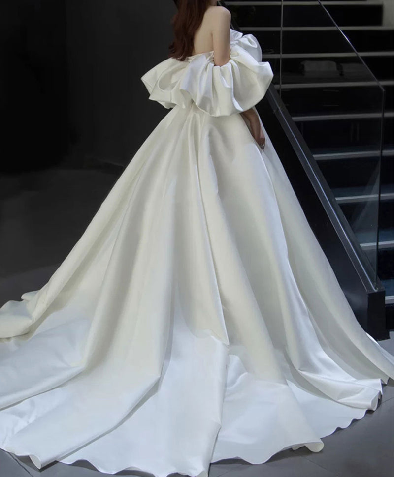 Off Shoulder Satin Long Wedding Dress White Bridal Gown