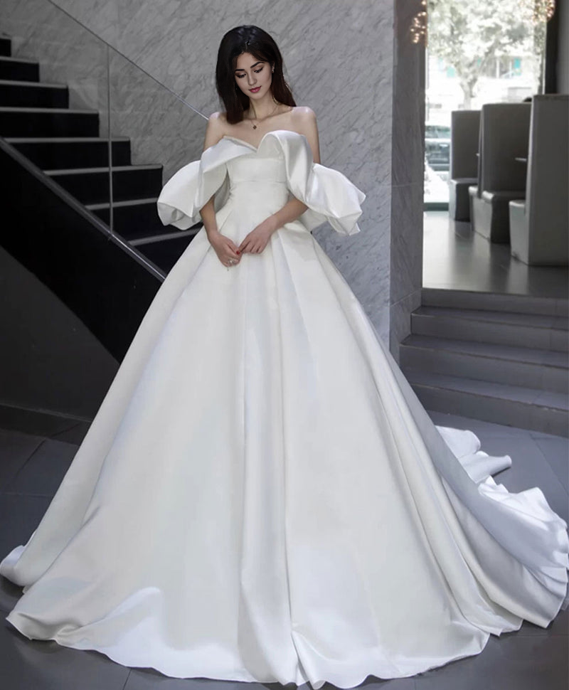Off Shoulder Satin Long Wedding Dress White Bridal Gown