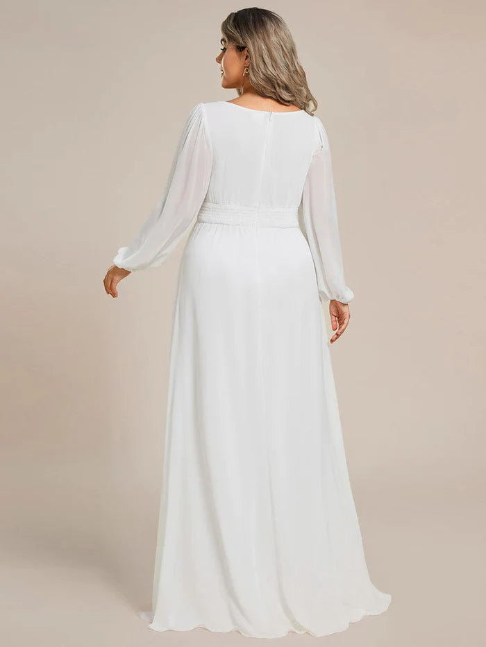 Plus Size See-Through Puff Sleeve Chiffon Mother Dress