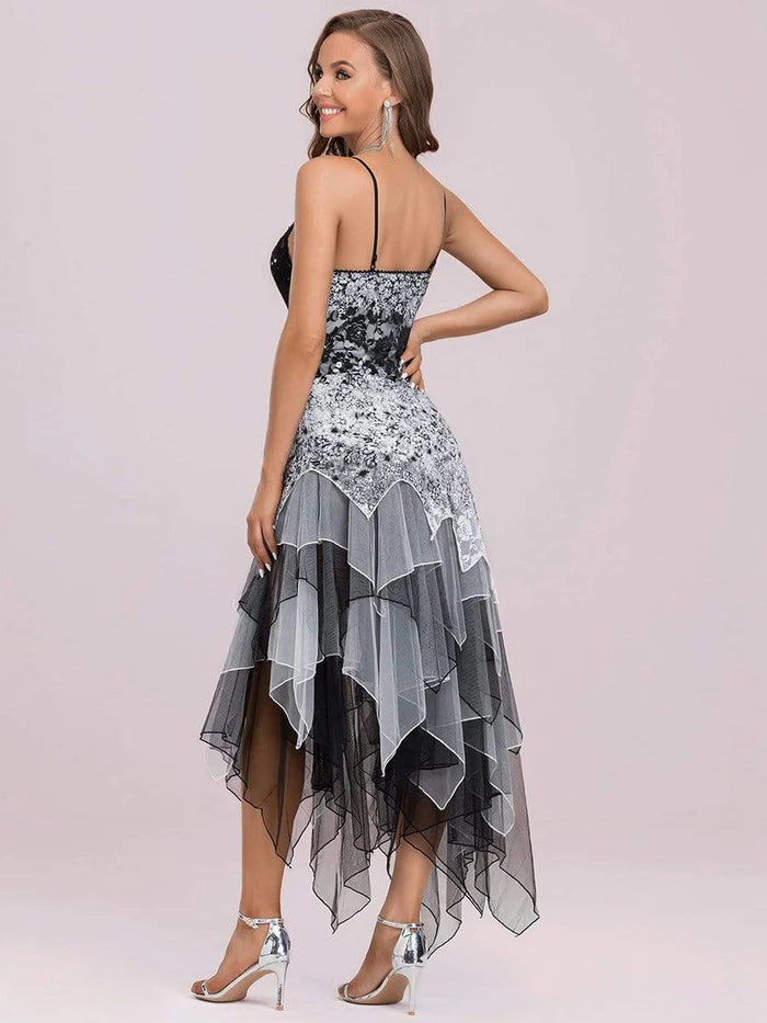 Women's V Neck Multi Color Asymmetrical Hems Prom Dress