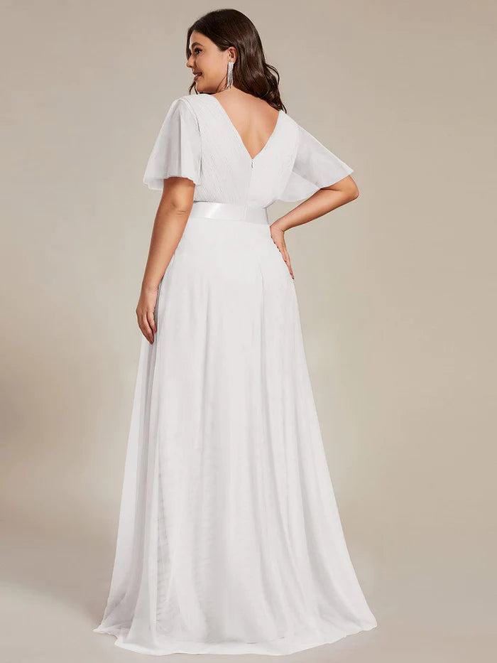 Women's Floor-Length Plus Size Formal Bridesmaid Dress with Short Sleeve