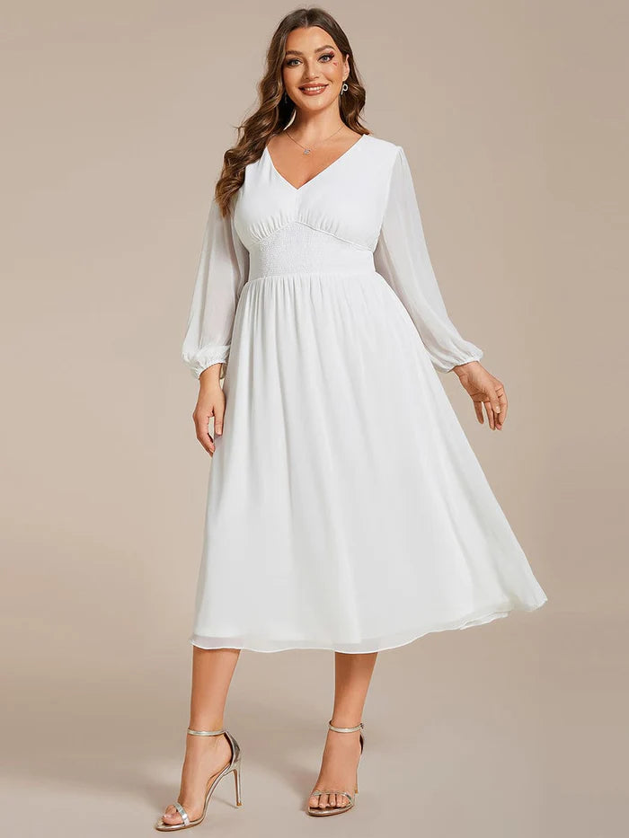 Plus Size Flowy Long Sleeves V-Neck Midi Chiffon Wedding Guest Dress