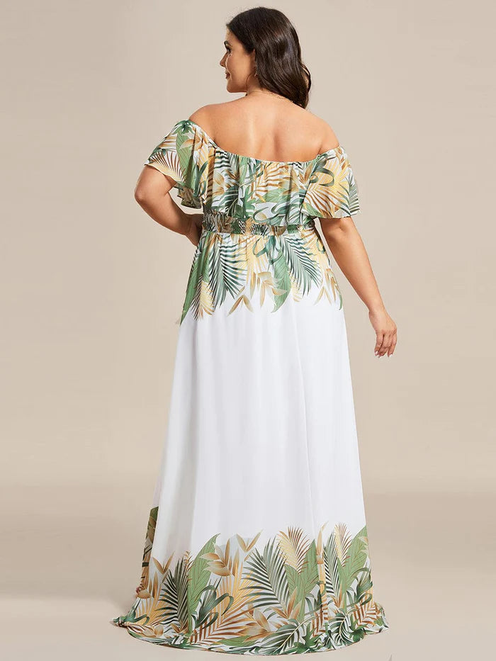 Summer Plus Size Off the Shoulder Elastic Waist Printed Evening Dress