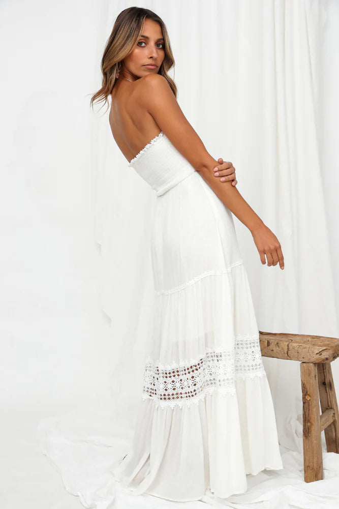 White Maxi Dresses with Strapless Smocked Bodice Lace Crochet Trim Tiered Ruffle Skirt and Flowy A-line Silhouette