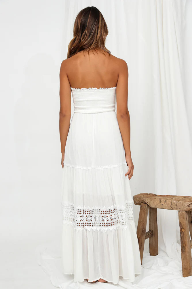 White Maxi Dresses with Strapless Smocked Bodice Lace Crochet Trim Tiered Ruffle Skirt and Flowy A-line Silhouette