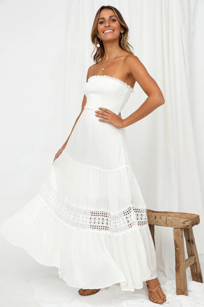 White Maxi Dresses with Strapless Smocked Bodice Lace Crochet Trim Tiered Ruffle Skirt and Flowy A-line Silhouette