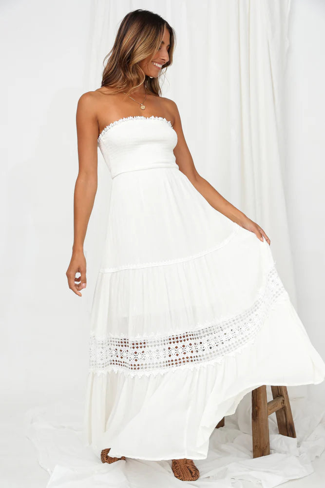White Maxi Dresses with Strapless Smocked Bodice Lace Crochet Trim Tiered Ruffle Skirt and Flowy A-line Silhouette