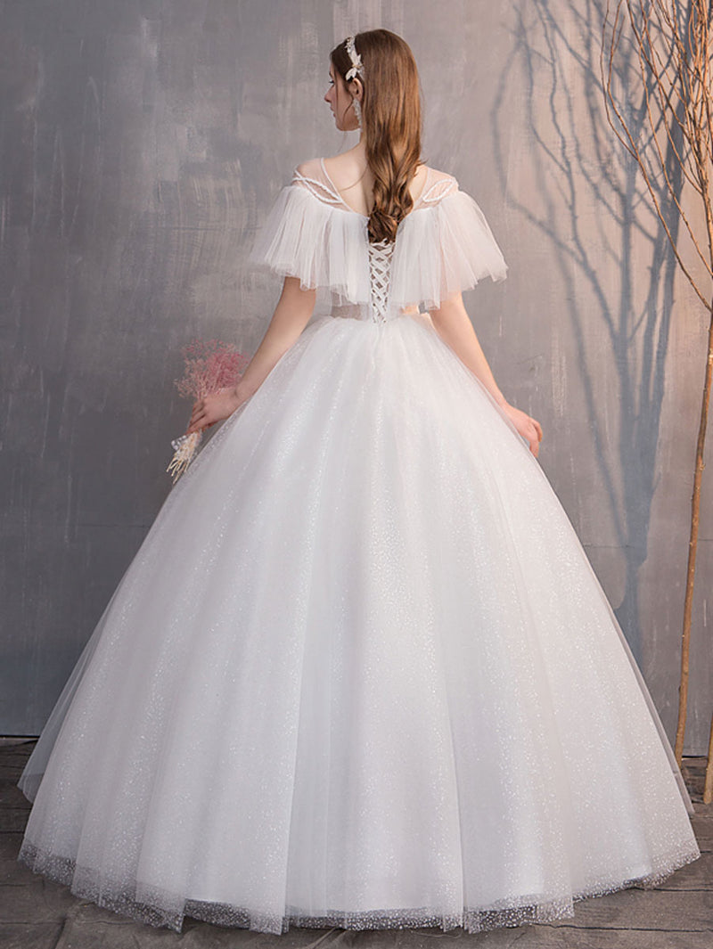 Round Neck Tulle Long Wedding Dress White Tulle Long Bridal Dress