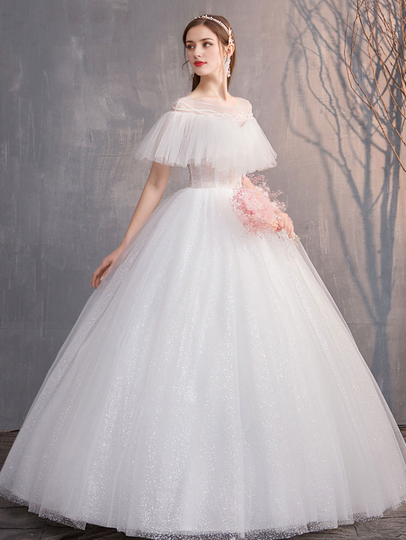 Round Neck Tulle Long Wedding Dress White Tulle Long Bridal Dress