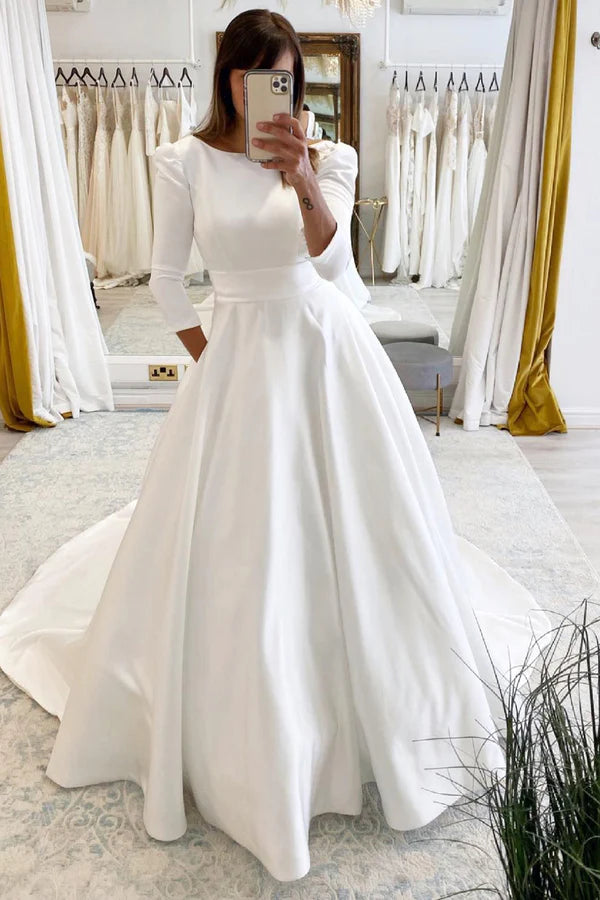 White Vintage A-Line Long Satin Bateau-Neck Wedding Dress
