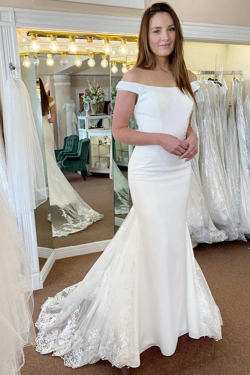 White Off the Shoulder Long Mermaid Wedding Dress with Lace Appliques