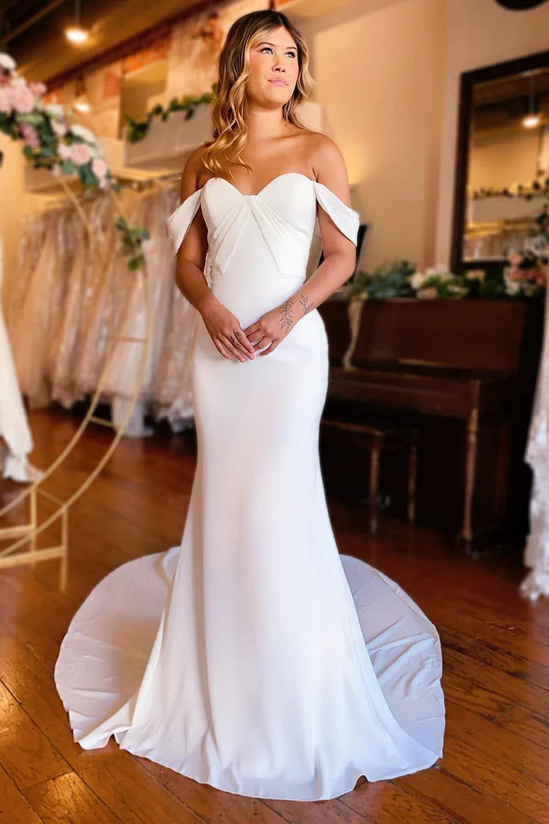 White Mermaid Off-the-Shoulder Boho Wedding Dress
