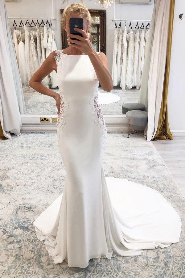 White Long Mermaid Boho Wedding Dress with Appliqued