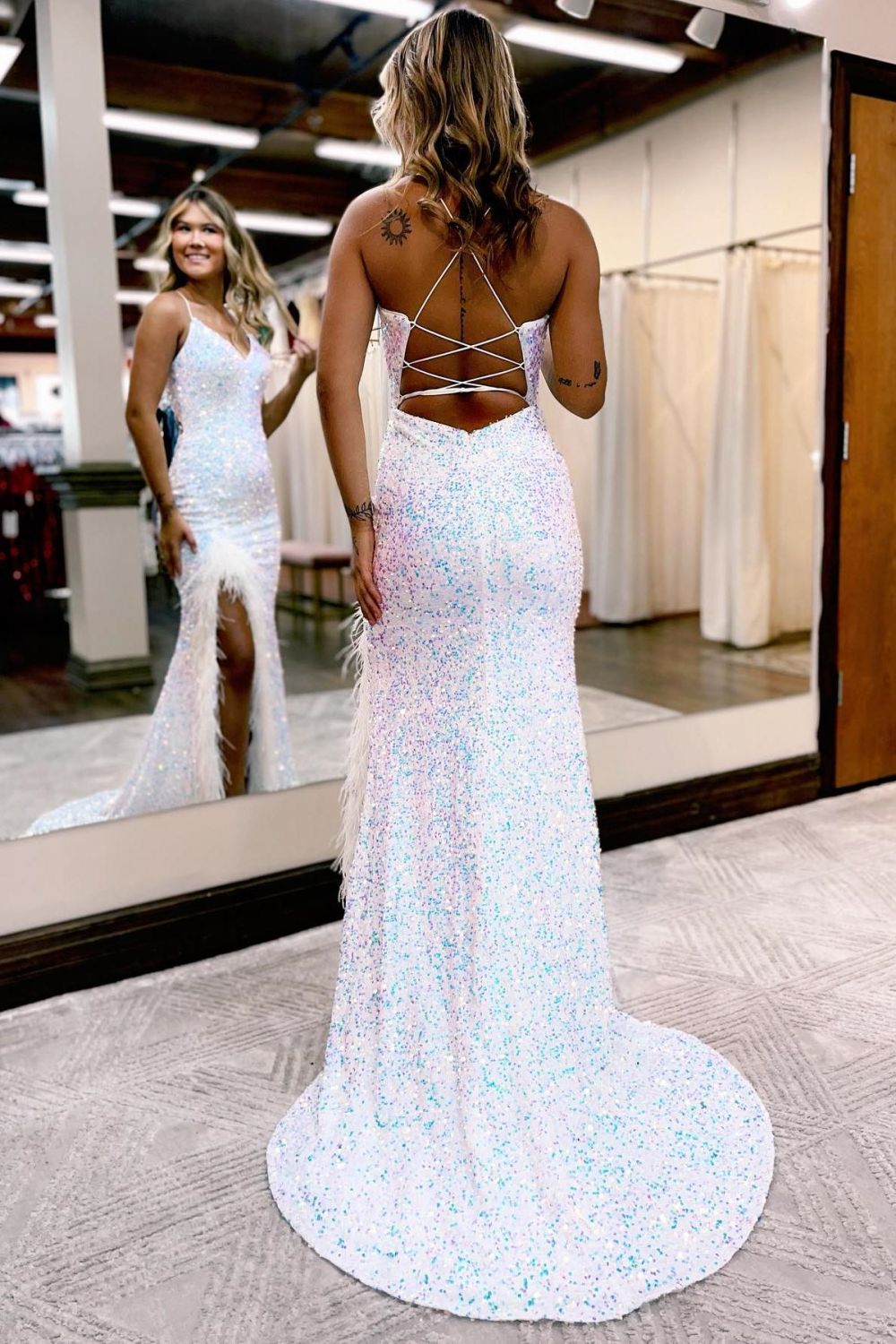 V-Neck Corset Back Glitter Prom Dress With Split