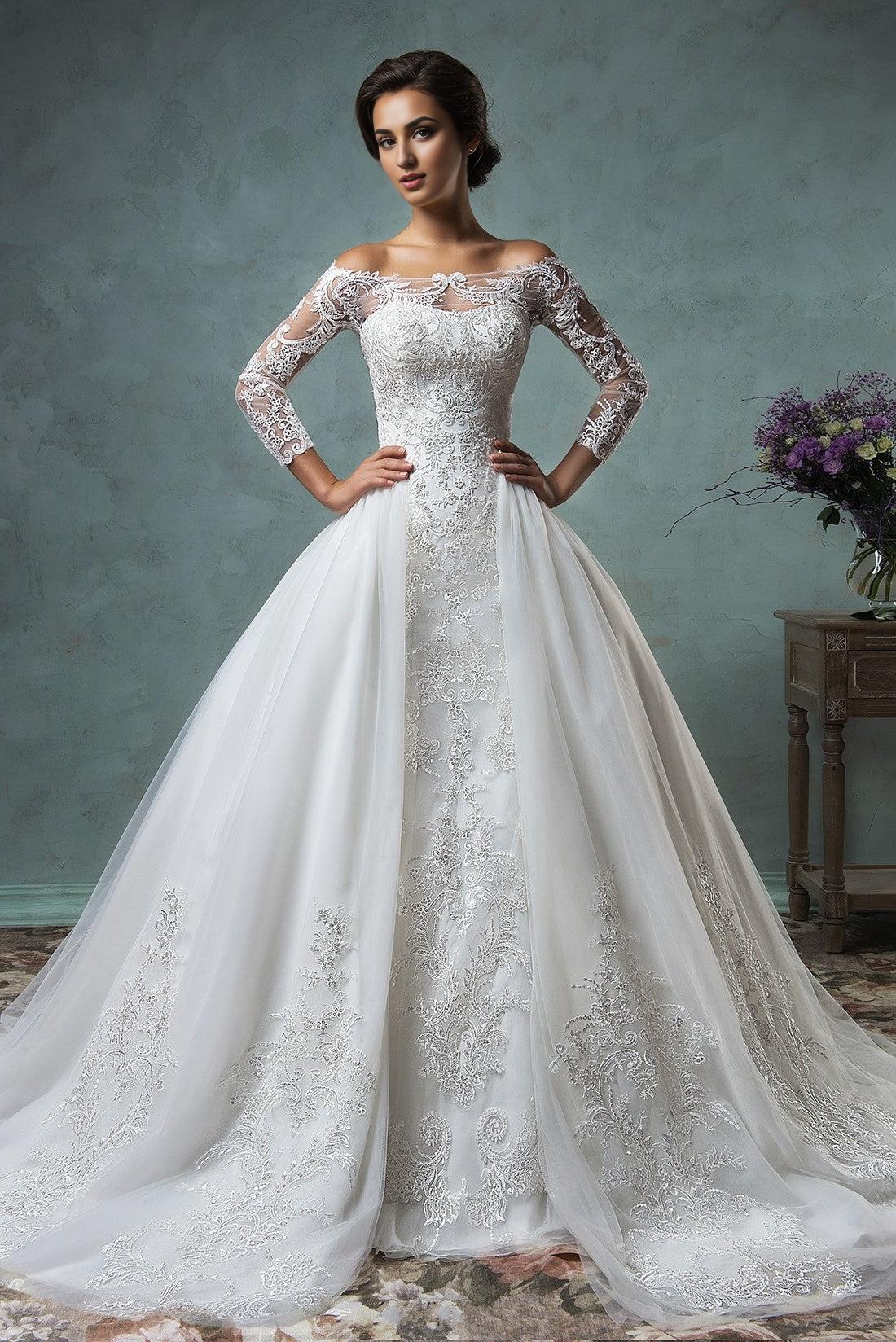 Off the Shoulder Detachable Train Wedding Dresses Long Sleeve Lace Bride Dress