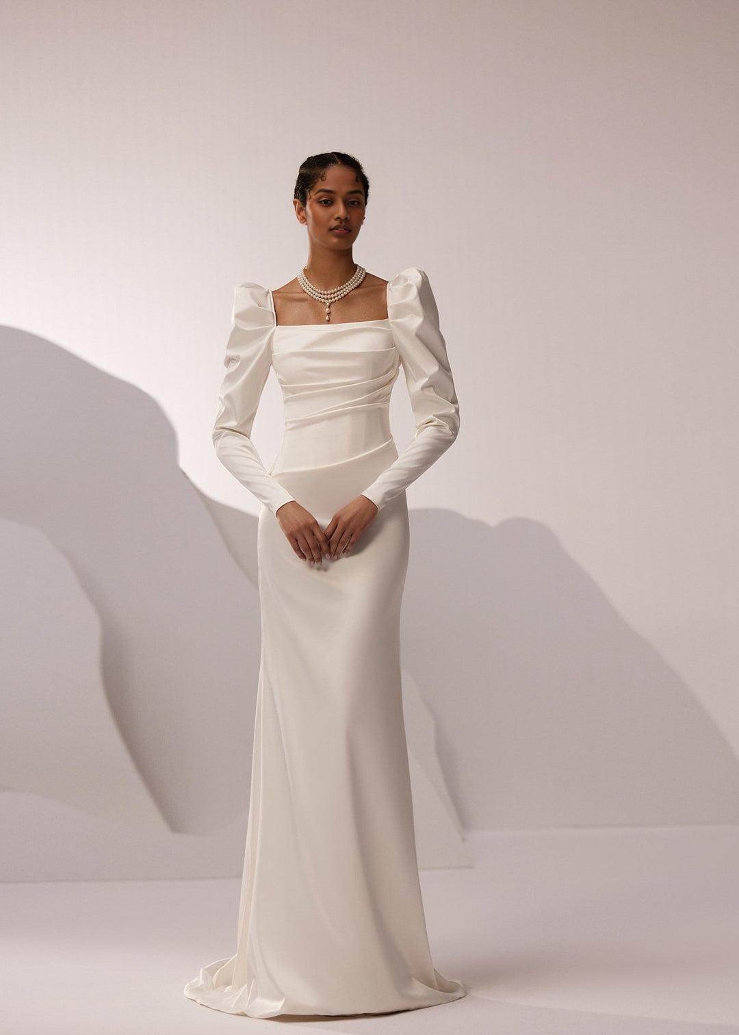 White Long Sleeve Square Neckline Wedding Dress with Puff Shoulders and Sleek Train