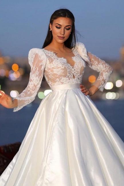 Unique long sleeved V-neck satin lace bridal gown