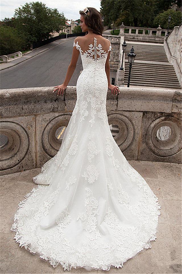 Sheath Sheer Top Wedding Dresses Lace Court Train Bridal Gowns with Buttons