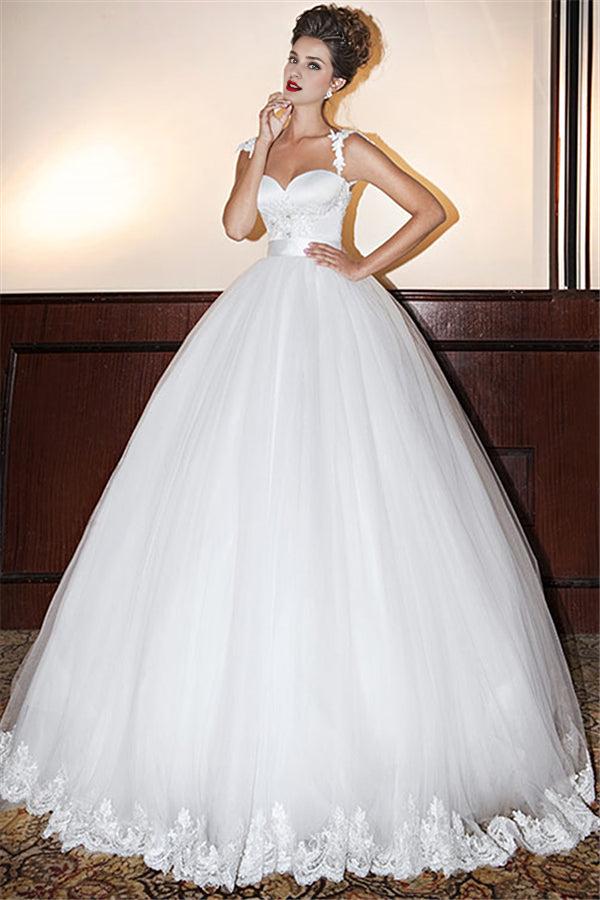 Tulle Sweetheart Wedding Dresses Floor Length Open Back Applique Ball Gowns