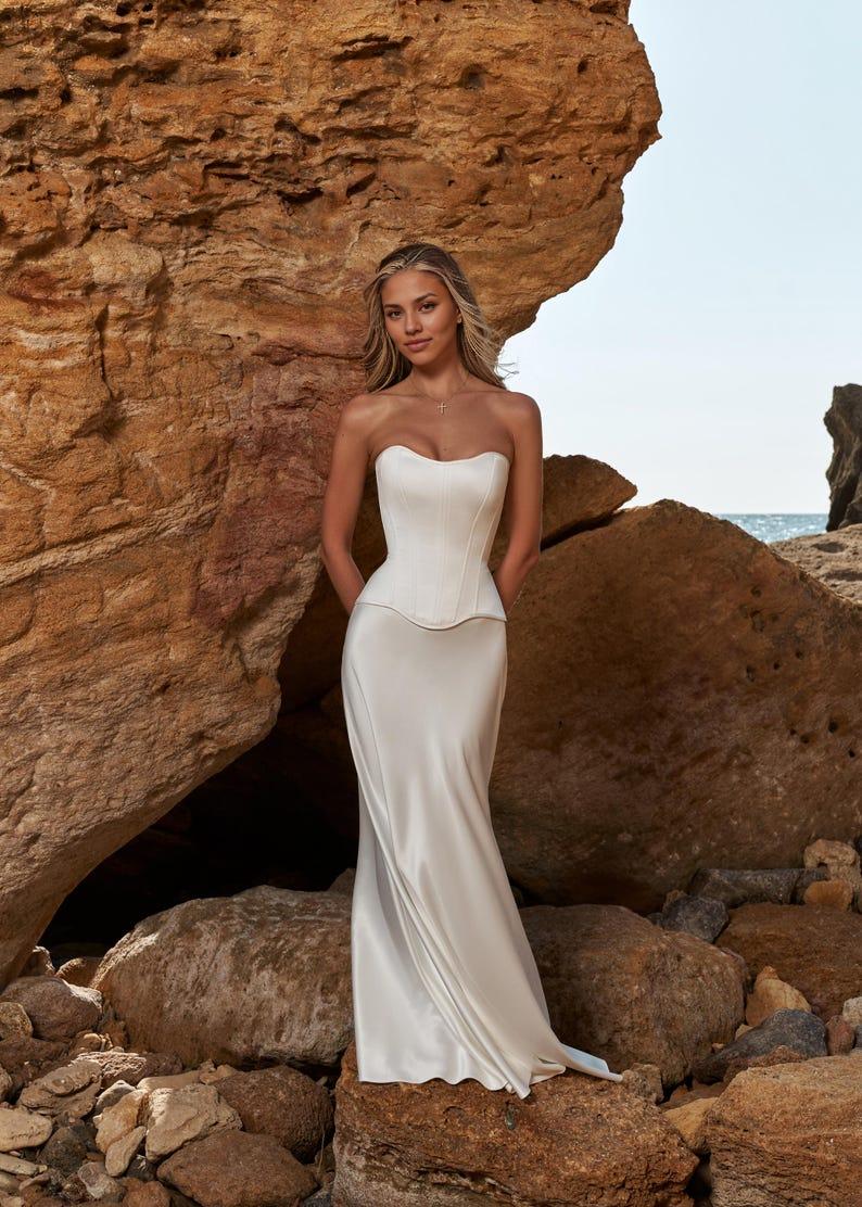 Two Piece Wedding Coret Dress White Satin Corset and Maxi Skirt Corset Bustier Top and Long Perl Skirt