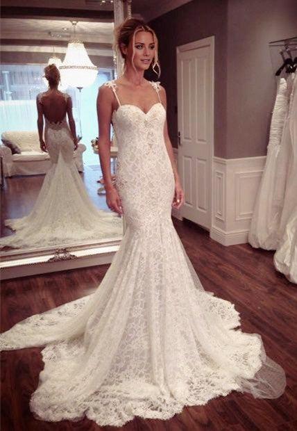 Lace Spaghetti Strap Mermaid Wedding Dress Latest Court Train Open Back Bridal Gowns
