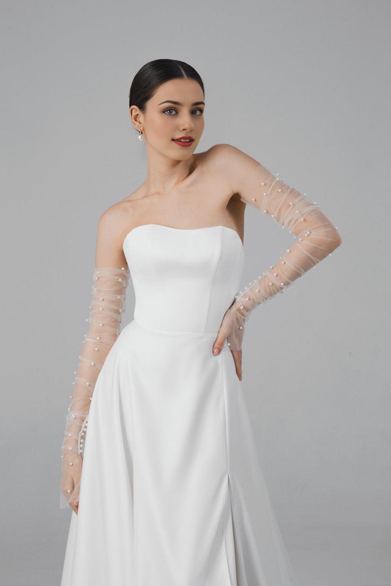 A Line Wedding Dress With Detachable Tulle Sleeves Minimalist Modern Wedding Dress