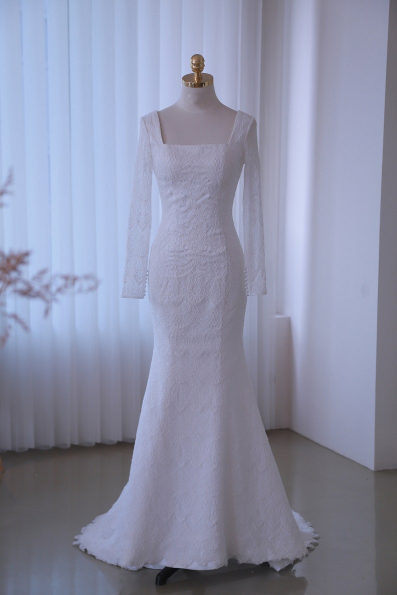 Square neck lace wedding dress with long sleeves fit mermaid bridal dress with small train wedding gown lace bridal dress beach wedding