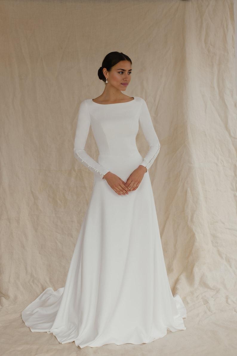 Long sleeve and high back crepe wedding dress Simple winter bridal gown reception dress modern wedding dress
