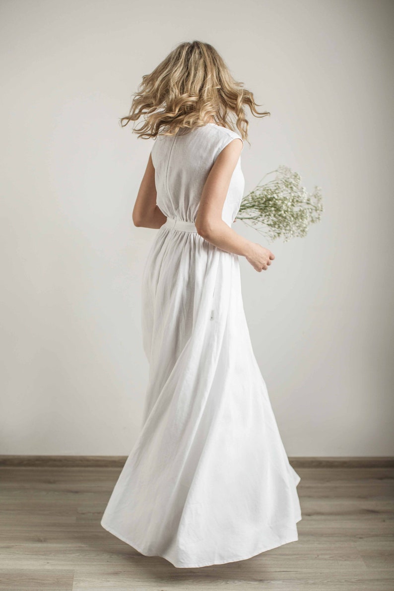 Linen Grecian Wedding Dress Elegant Boat Neck Bridal Dress Minimalist Wedding Gown Simple A -Line Wedding Dress Modest Bride Dress