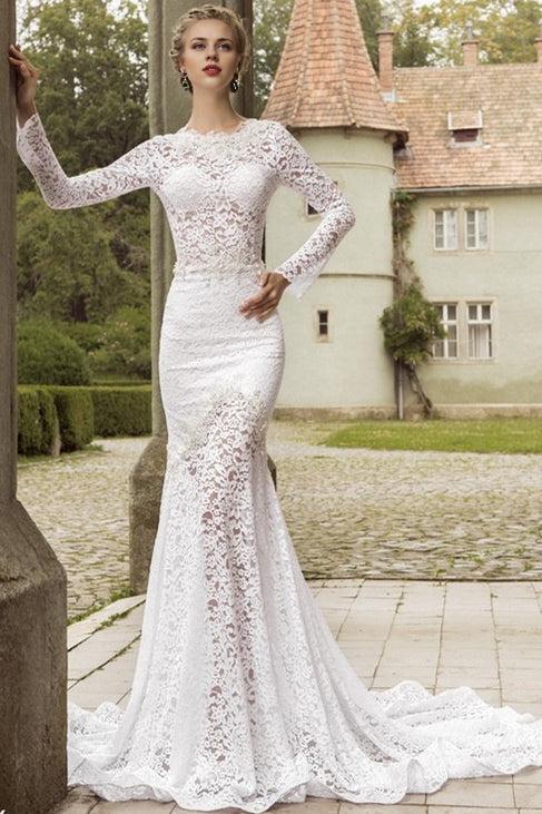 Sleeves Lace Mermaid Bridal Gowns Deep V Back Waved Court Train Wedding Dress