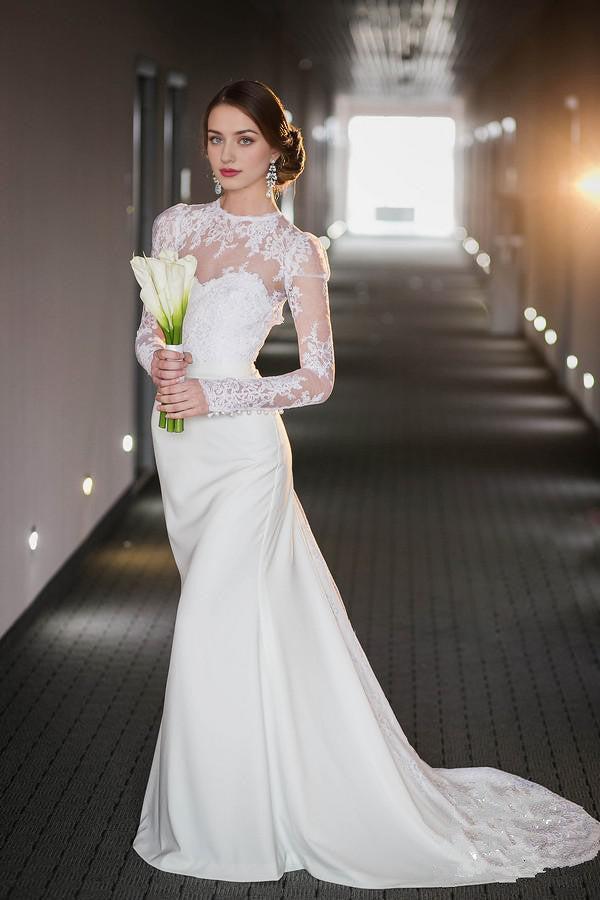 Long Sleeve Lace High Neck Wedding Dress Satin Bridal Gown with Open Back