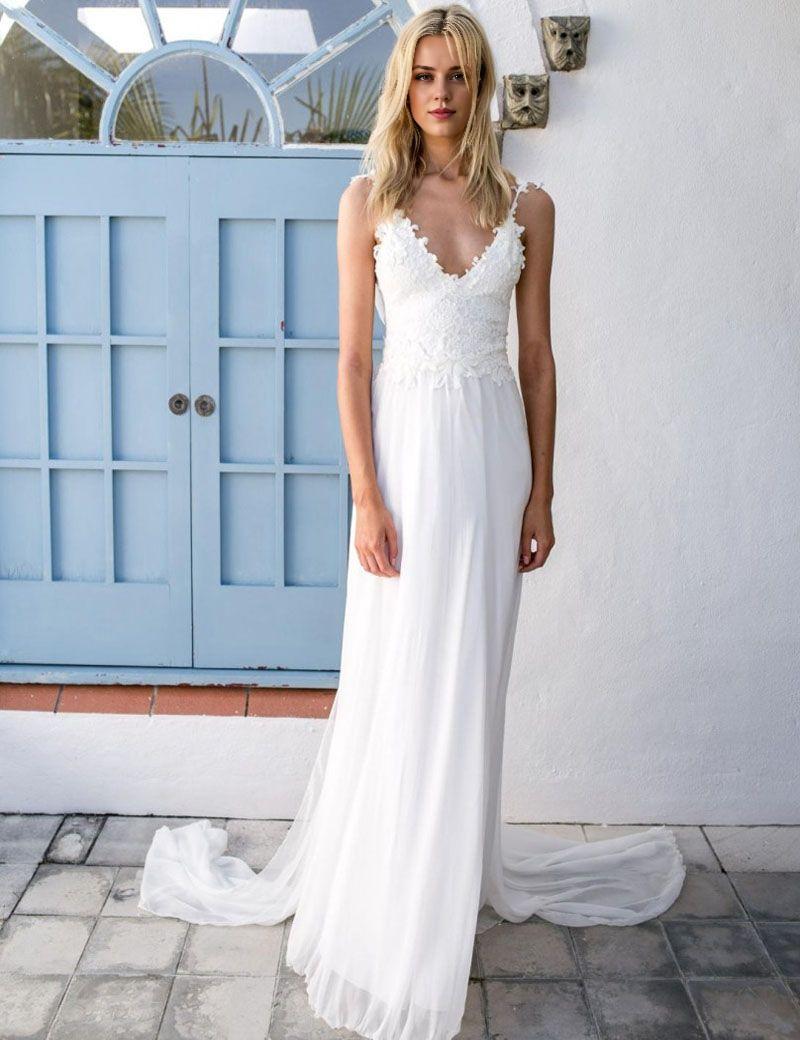 Beach Wedding Dresses Lace Chiffon Backless Bridal Dress with Sash
