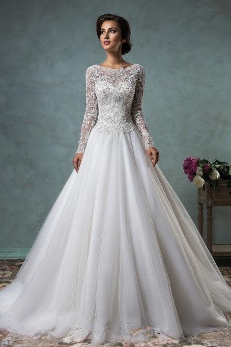 Long Sleeve Tulle Wedding Dress A-Line Sweep Train Bridal Gown