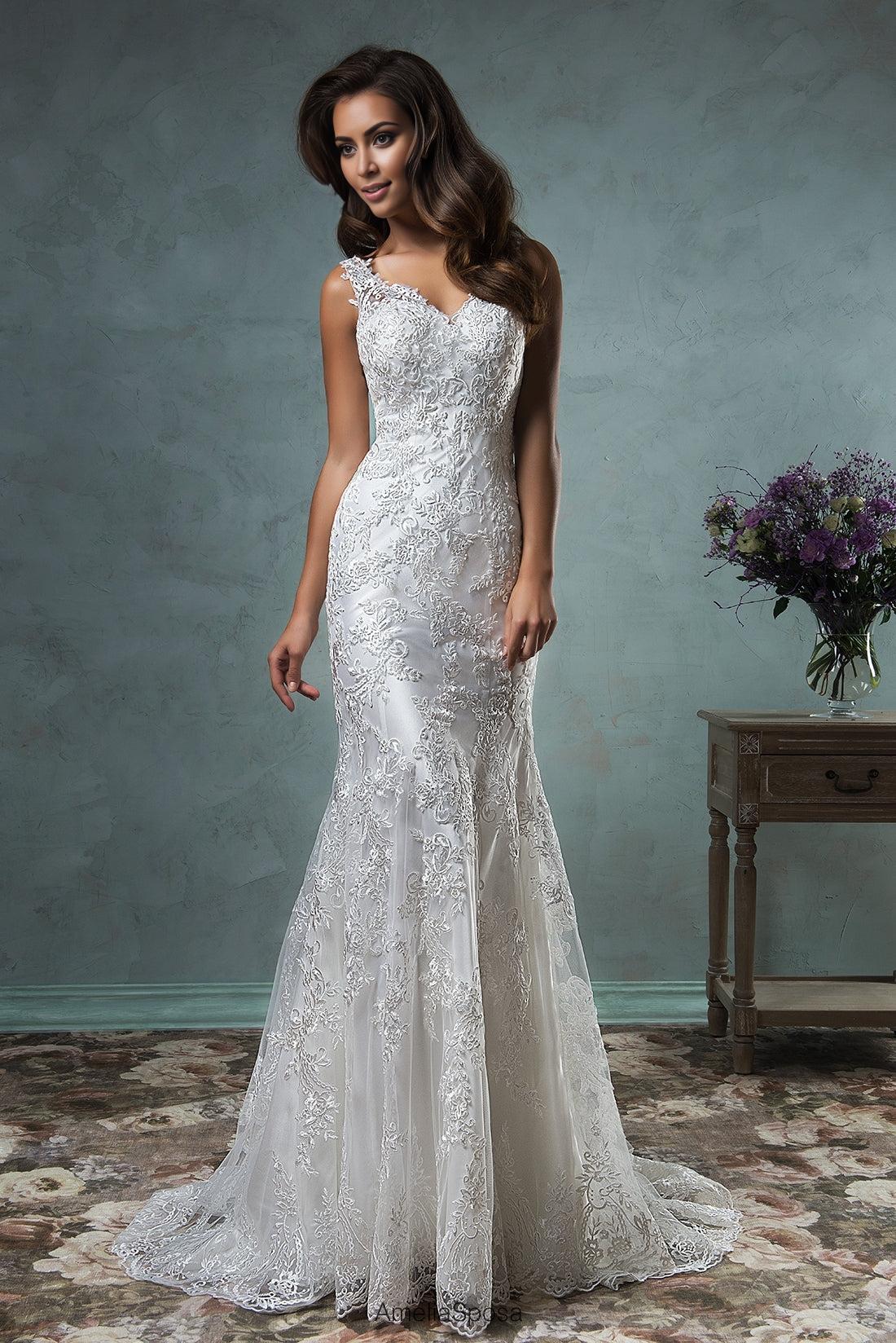 Mermaid lace wedding dress spaghetti strap backless sweeping train bride dress