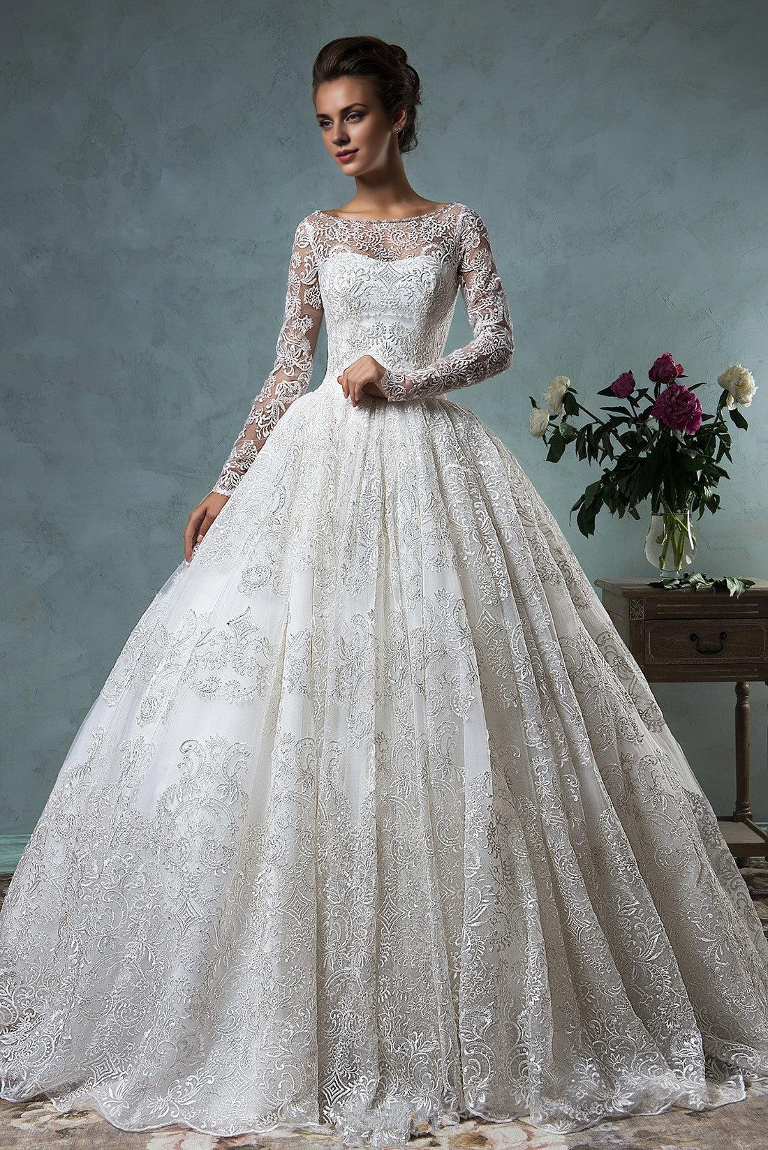 Long Sleeve Ball Gown Wedding Dress Lace Applique Princess Dress