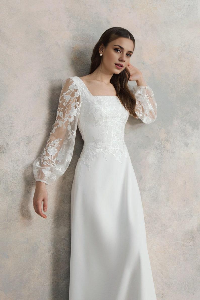 Square Neck Wedding Dress With Puff Sleeves Flower Lace A Line Wedding Dress