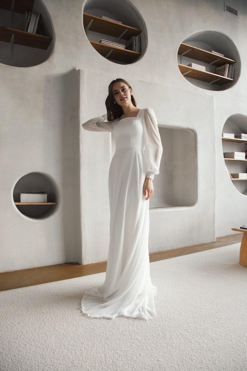 BeautifulSquare neck White wedding dress with sleeves