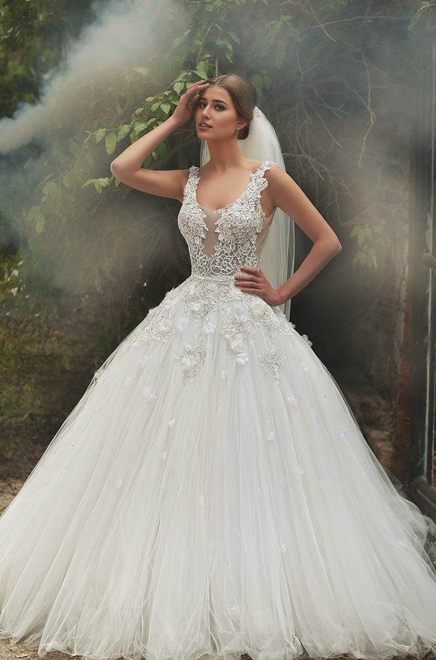 Tulle Lace Beading Ball Gown Wedding Dresses Floor Length Popular Custom Made Bridal Gowns
