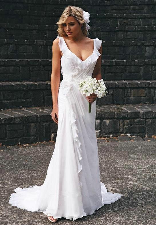 V-neck Chiffon Wedding Dress Summer Beach Ruffles Sleeveless Bridal Dresses