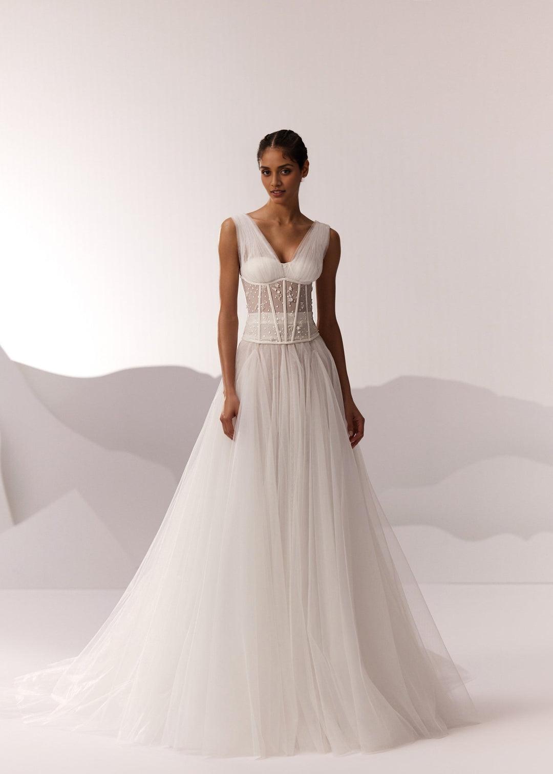 White Corset Bodice Tulle Wedding Dress with Plunging Neckline and Long Train