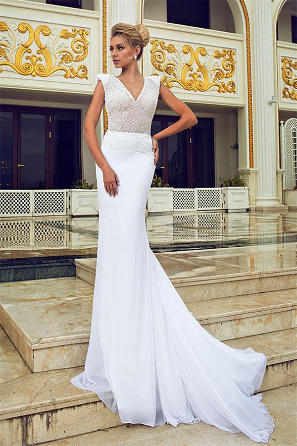 Wedding Dresses V-Neck Open Back Chiffon Bridal Gowns