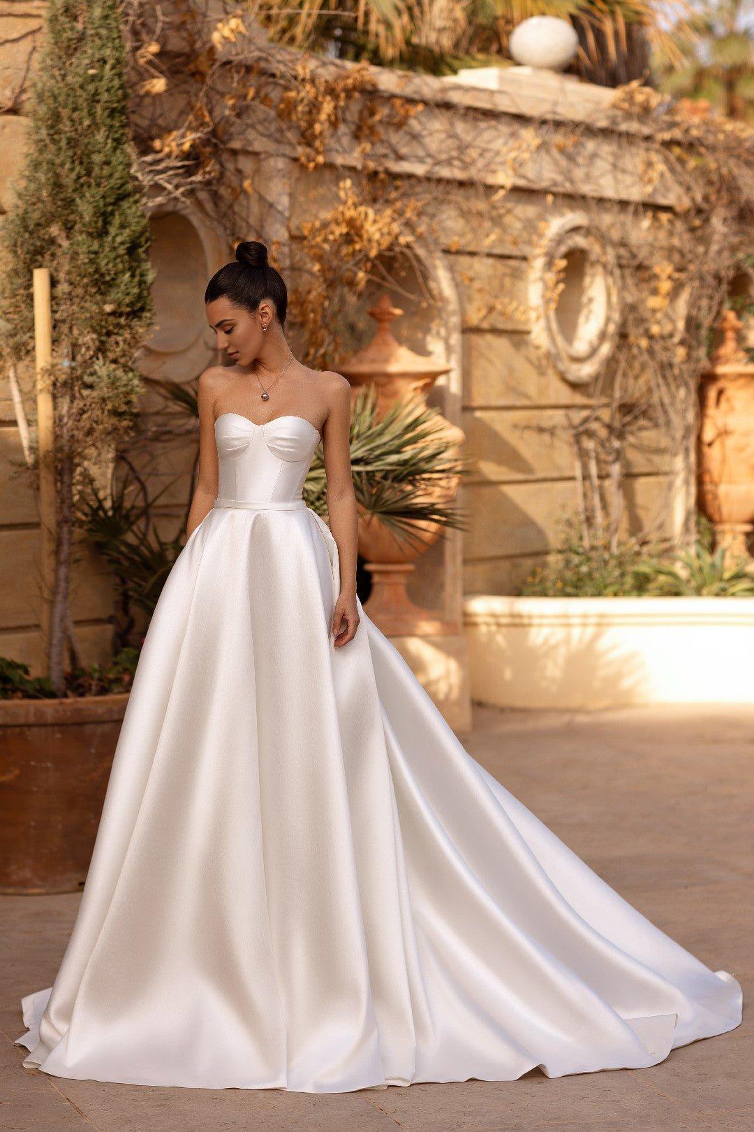 White Strapless Satin Ball Gown Wedding Dress with Floor-Length Train