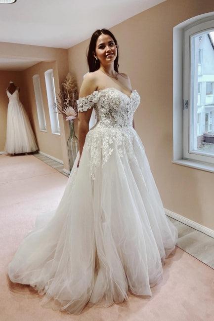 Off shoulder strapless A-line lace chiffon bridal gown