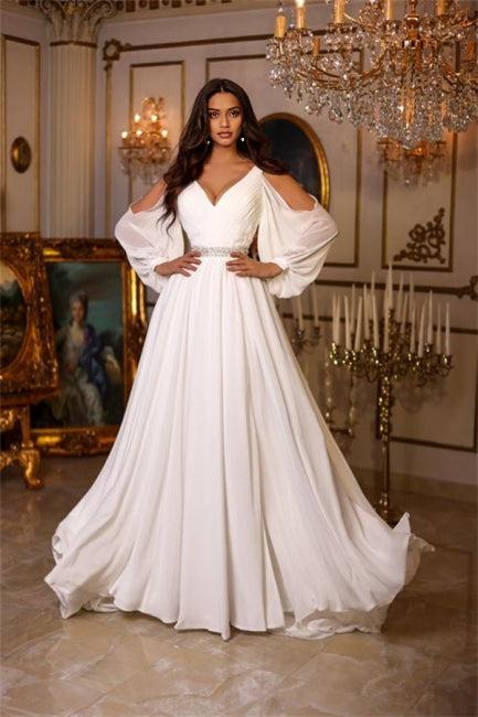 A-line V-neck long sleeved wedding dress