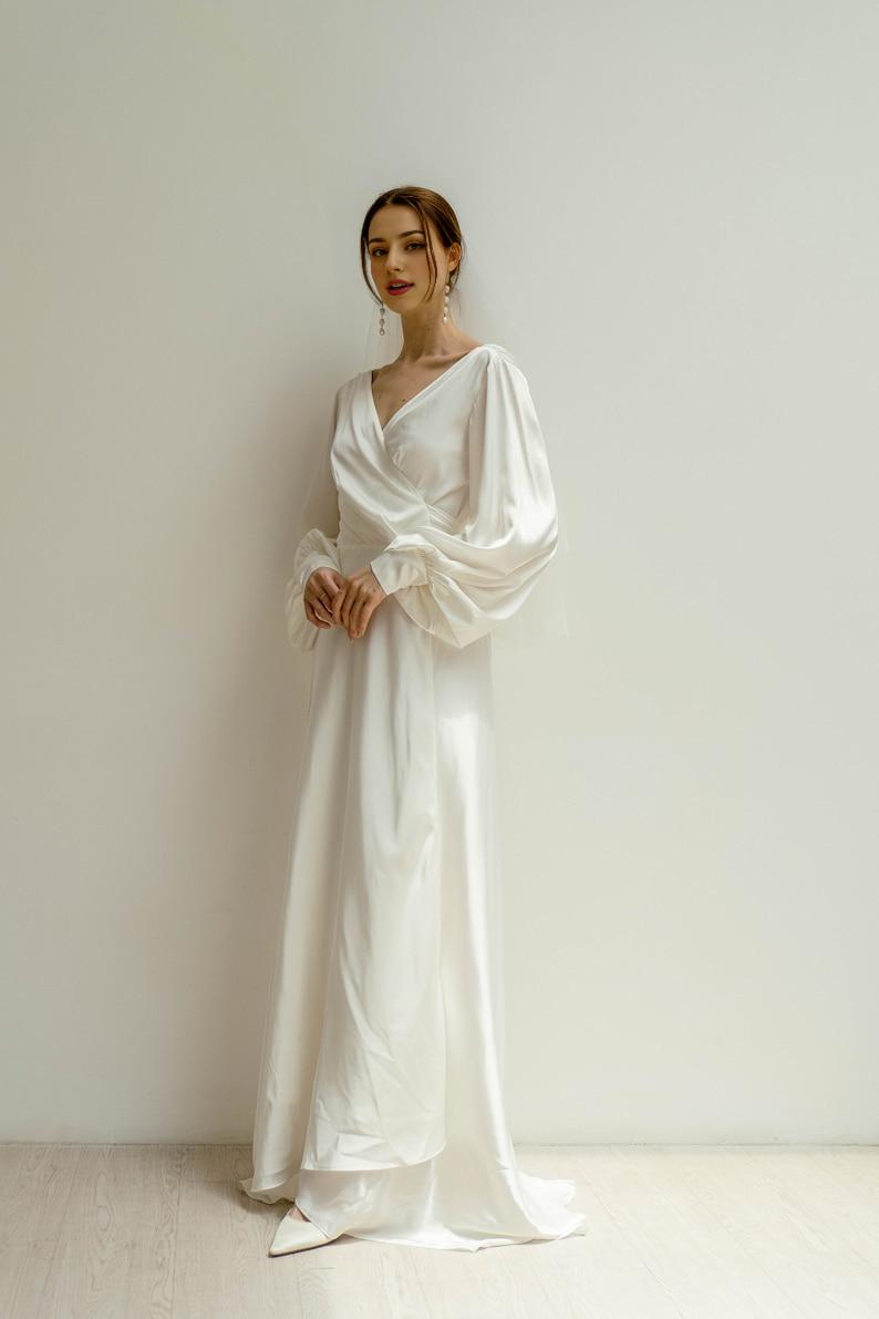 Floor Length Dress With Train Long Sleeves Satin Wrap Dress Minimalist Wedding Dress
