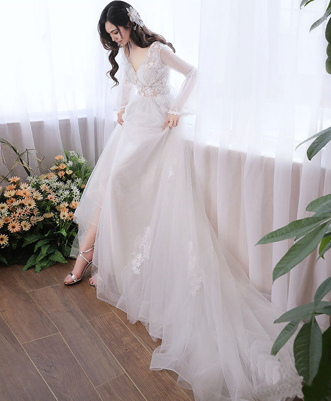 V Neck Tulle Lace Long Prom Dress White Evening Dress